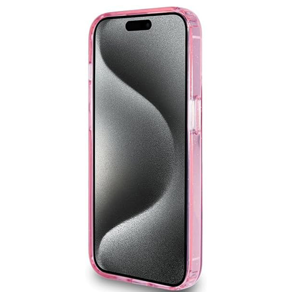 MagSafe Case for Apple iPhone 15 Pro, Guess, IML Ring Stand Glitter, Pink