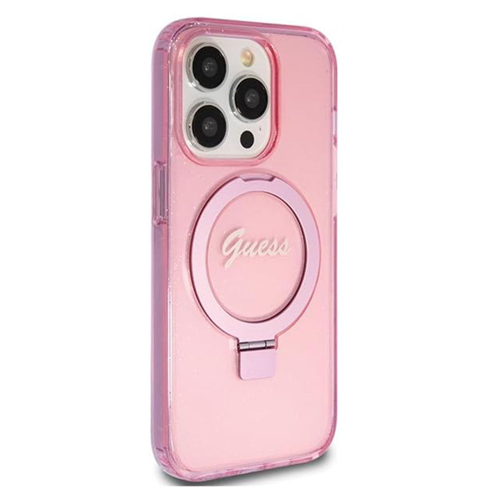 MagSafe Case for Apple iPhone 15 Pro, Guess, IML Ring Stand Glitter, Pink