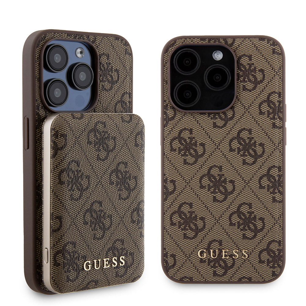 Ovitek MagSafe za Apple iPhone 15 Pro, Guess, Powerbank 4G Metal Logo, Rjava