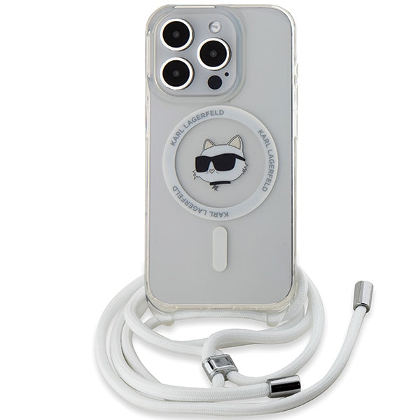 Ovitek MagSafe za Apple iPhone 15 Pro, Karl Lagerfeld, IML Crossbody Choupette's Head with Strap, Prozoren