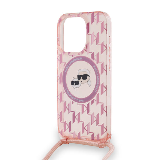 Ovitek MagSafe za Apple iPhone 15 Pro, Karl Lagerfeld, IML Crossbody Monogram Karl & Choupette's Heads, Roza