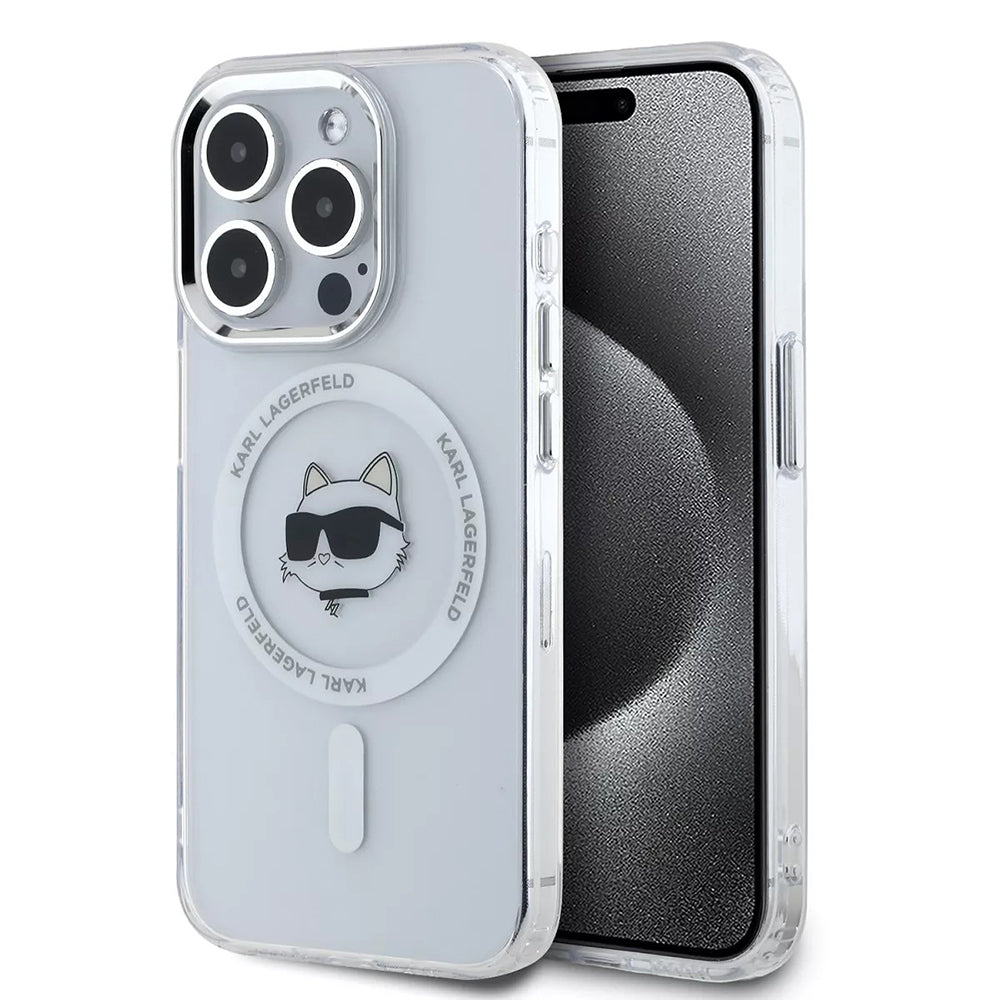 Ovitek MagSafe za Apple iPhone 15 Pro, Karl Lagerfeld, IML Metal Choupette's Head, Bela