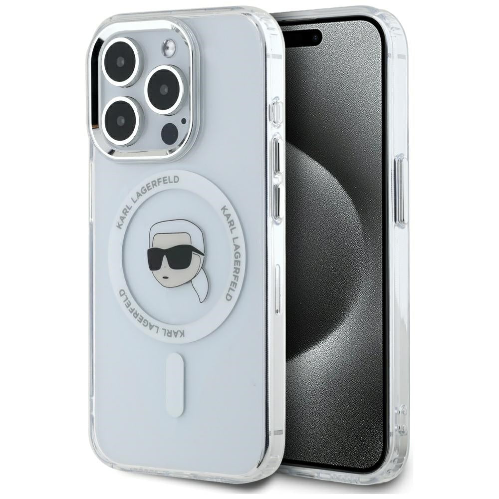 Ovitek MagSafe za Apple iPhone 15 Pro, Karl Lagerfeld, IML Metal Karl's Head, Bela