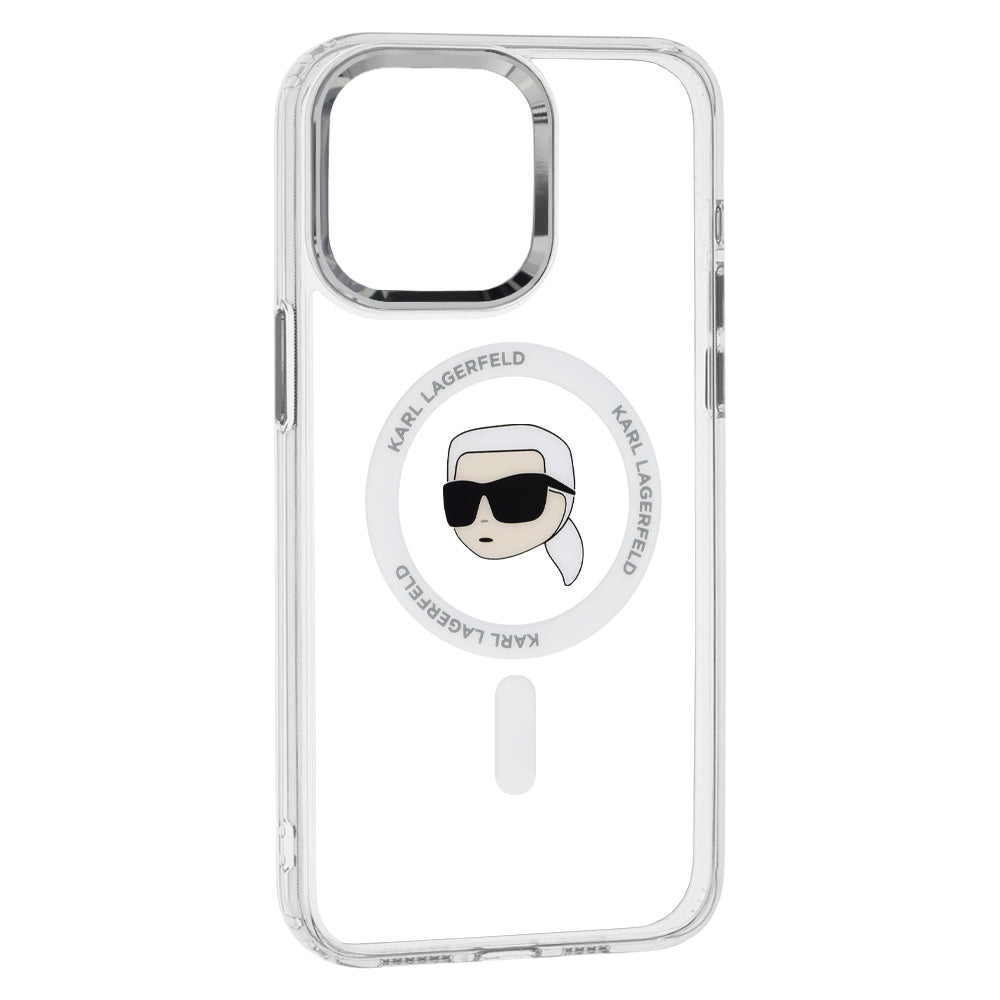 Ovitek MagSafe za Apple iPhone 15 Pro, Karl Lagerfeld, IML Metal Karl's Head, Bela