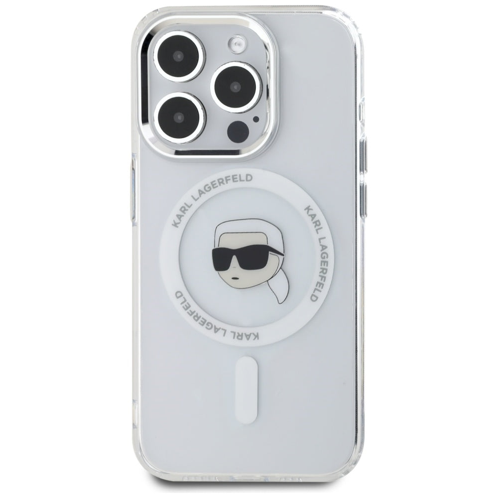 Ovitek MagSafe za Apple iPhone 15 Pro, Karl Lagerfeld, IML Metal Karl's Head, Bela