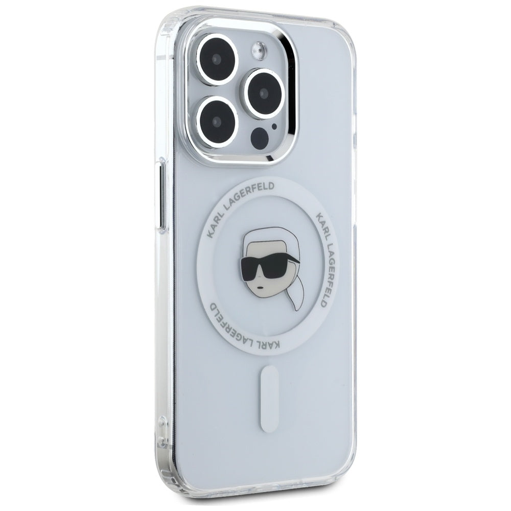 Ovitek MagSafe za Apple iPhone 15 Pro, Karl Lagerfeld, IML Metal Karl's Head, Bela