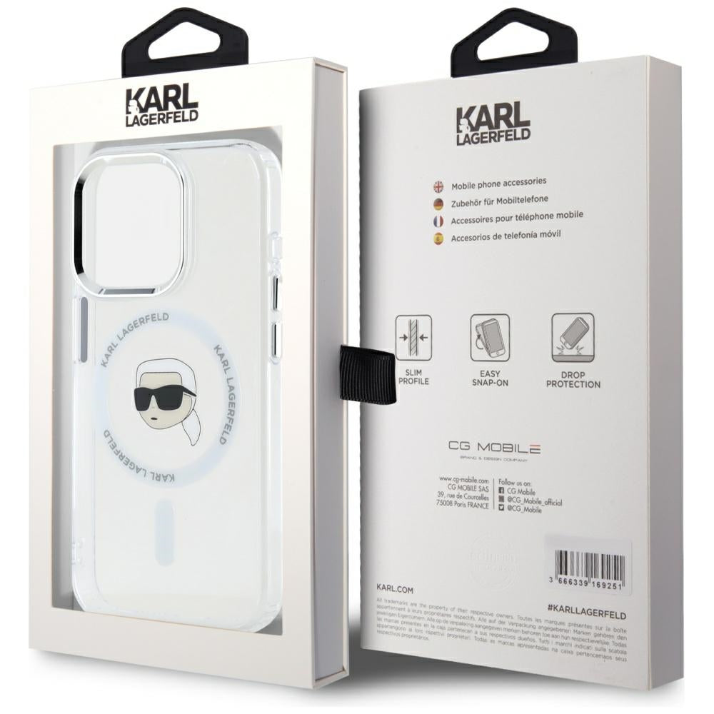 Ovitek MagSafe za Apple iPhone 15 Pro, Karl Lagerfeld, IML Metal Karl's Head, Bela