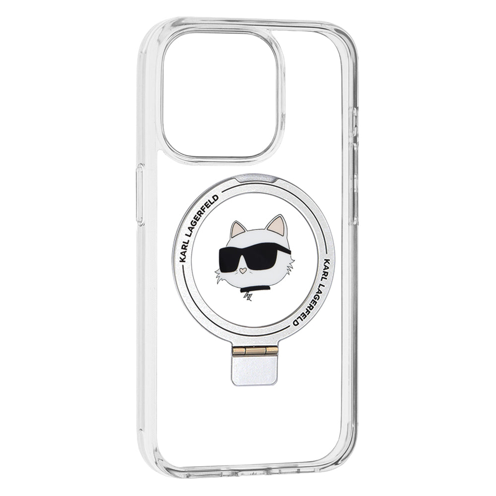 Ovitek MagSafe za Apple iPhone 15 Pro, Karl Lagerfeld, Ring Stand Choupette's Head, Bela