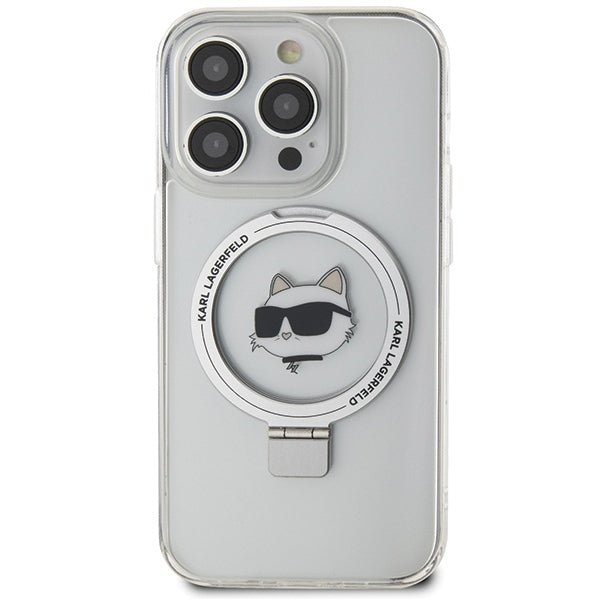 Ovitek MagSafe za Apple iPhone 15 Pro, Karl Lagerfeld, Ring Stand Choupette's Head, Bela
