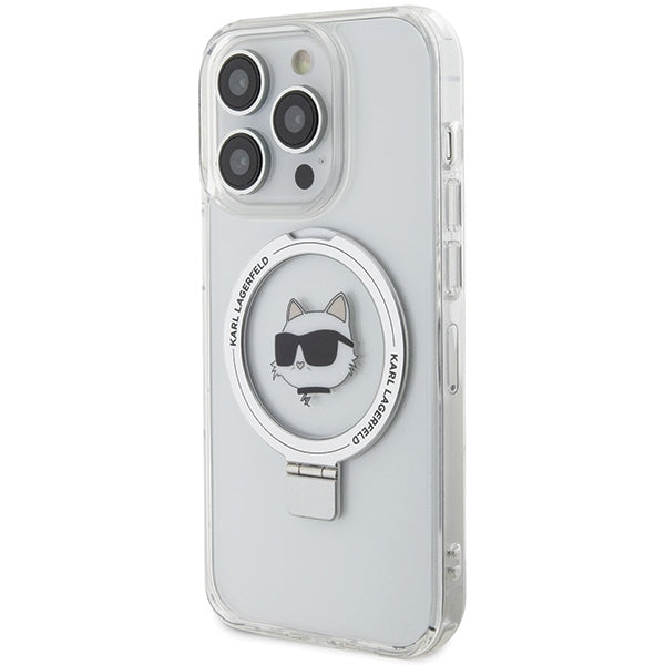 Ovitek MagSafe za Apple iPhone 15 Pro, Karl Lagerfeld, Ring Stand Choupette's Head, Bela