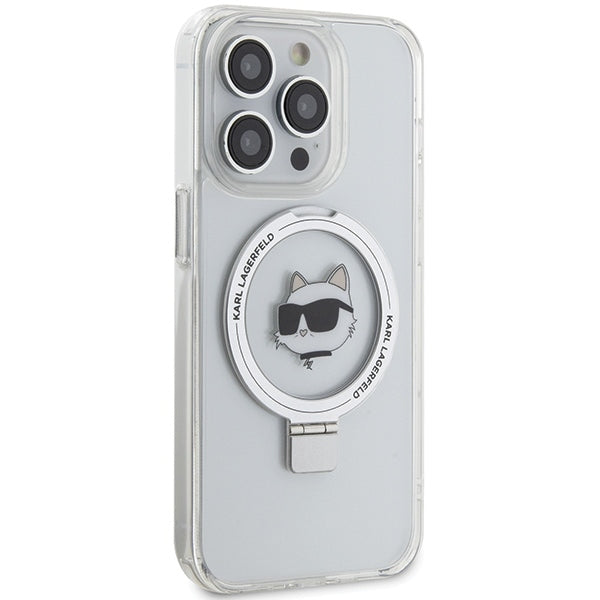 Ovitek MagSafe za Apple iPhone 15 Pro, Karl Lagerfeld, Ring Stand Choupette's Head, Bela