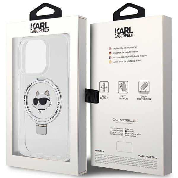 Ovitek MagSafe za Apple iPhone 15 Pro, Karl Lagerfeld, Ring Stand Choupette's Head, Bela