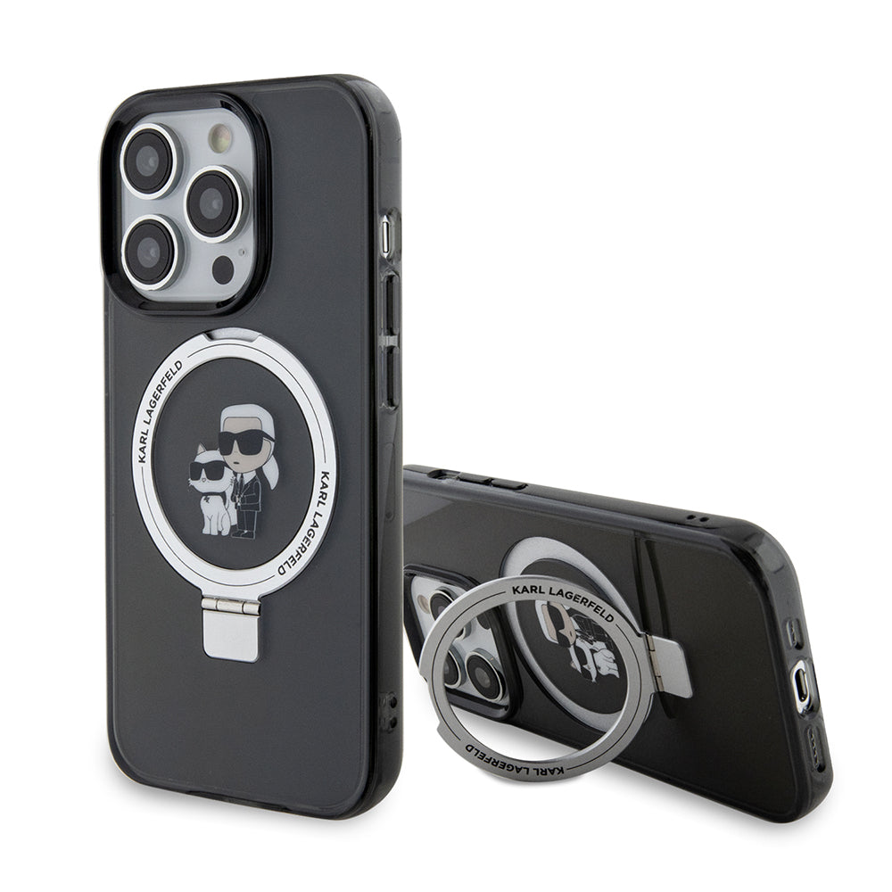 Ovitek MagSafe za Apple iPhone 15 Pro, Karl Lagerfeld, Ring Stand Karl & Choupette, črn