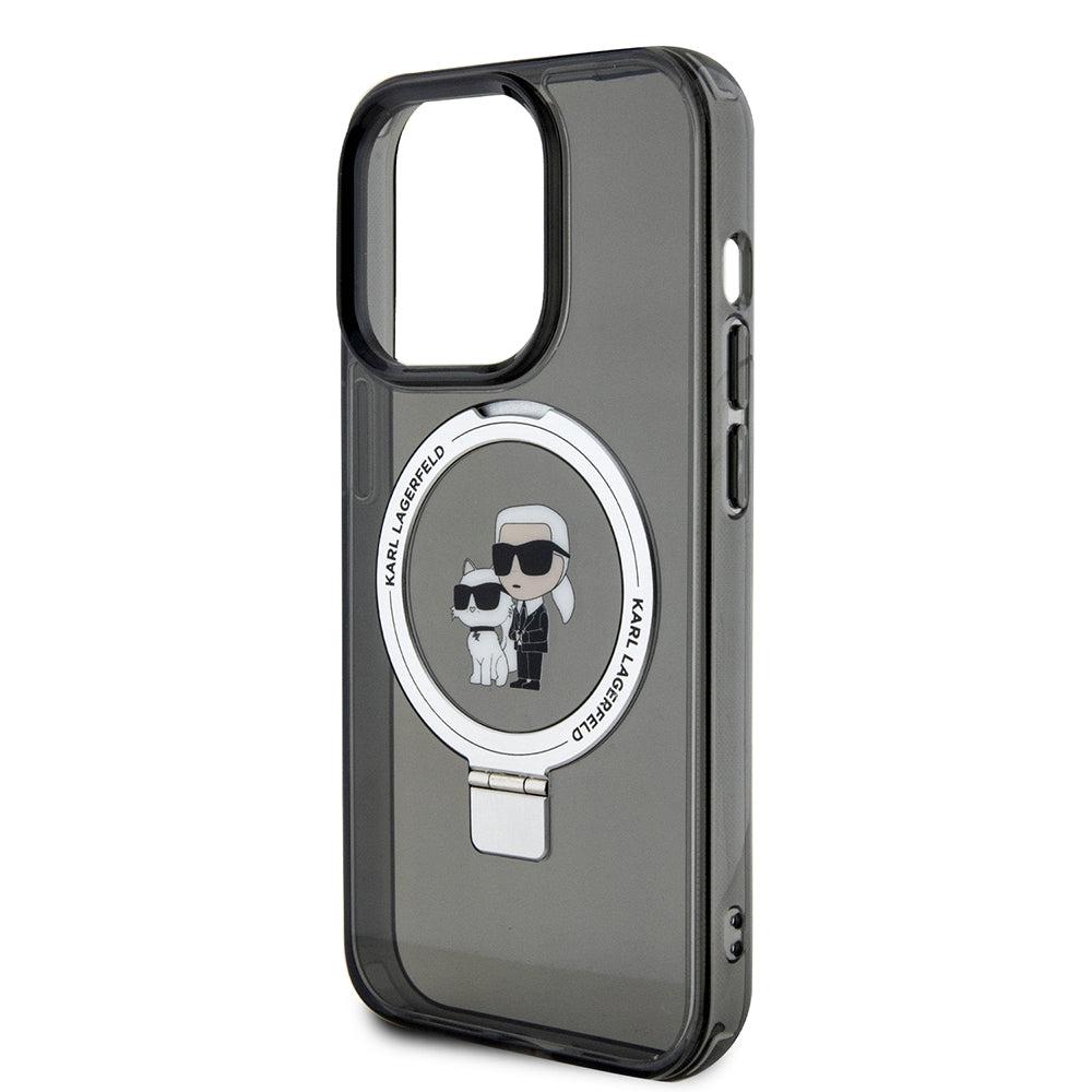 Ovitek MagSafe za Apple iPhone 15 Pro, Karl Lagerfeld, Ring Stand Karl & Choupette, črn