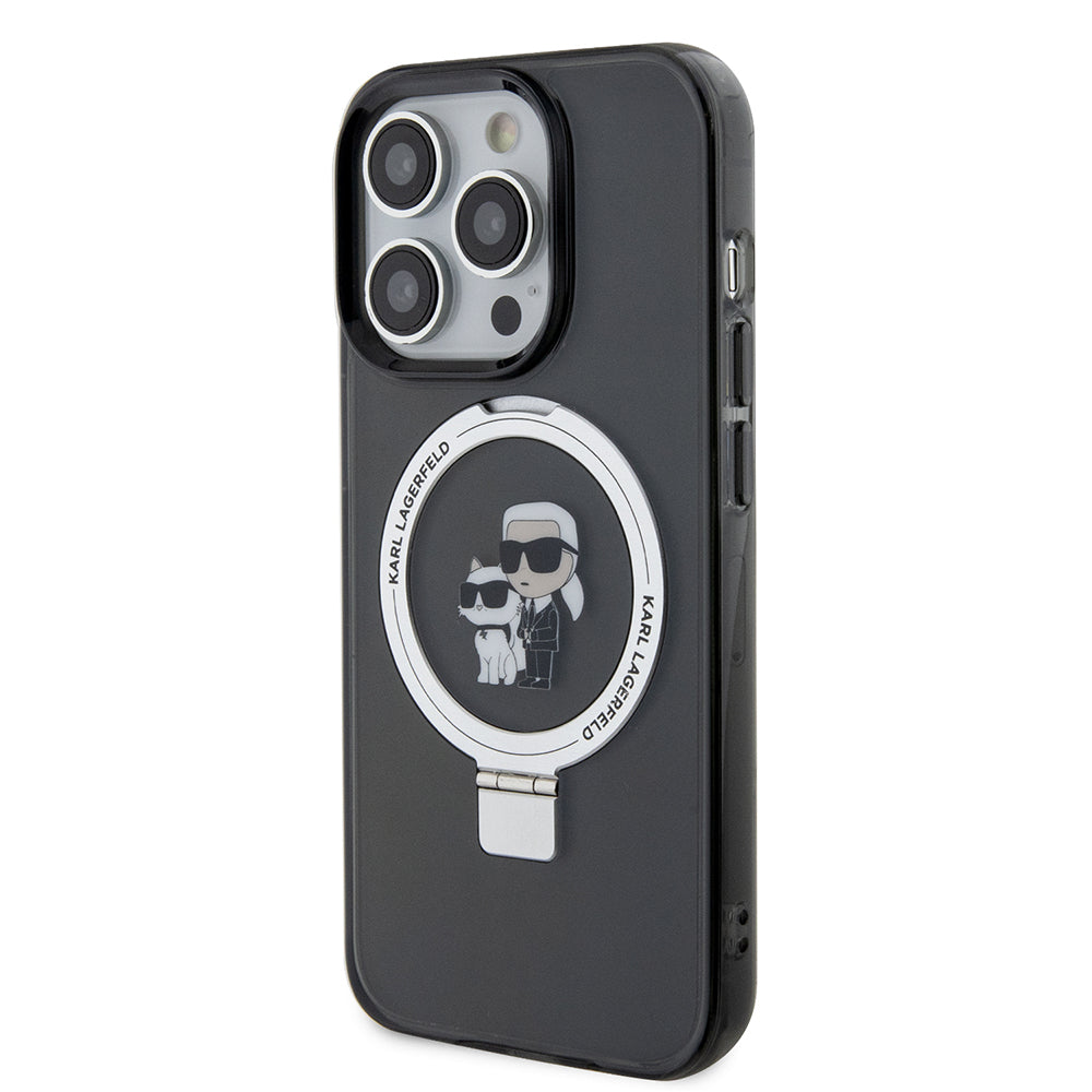 Ovitek MagSafe za Apple iPhone 15 Pro, Karl Lagerfeld, Ring Stand Karl & Choupette, črn