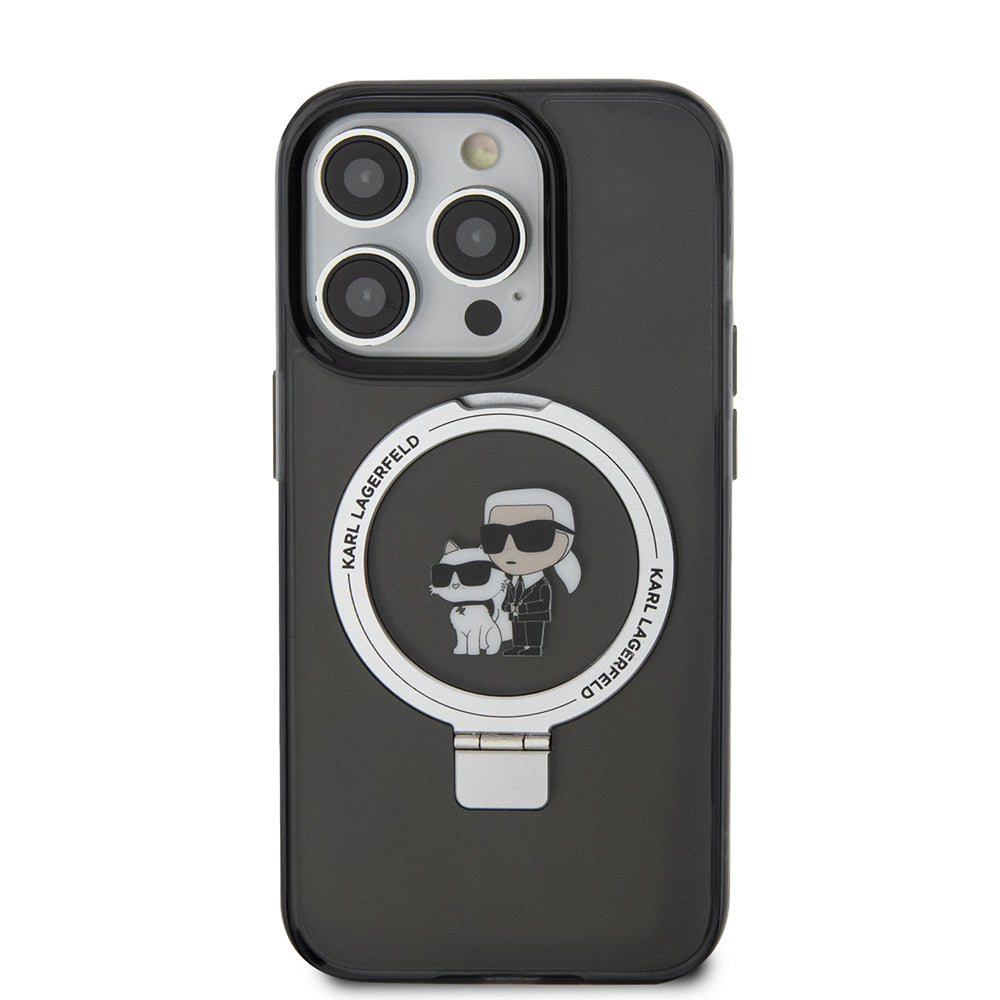 Ovitek MagSafe za Apple iPhone 15 Pro, Karl Lagerfeld, Ring Stand Karl & Choupette, črn