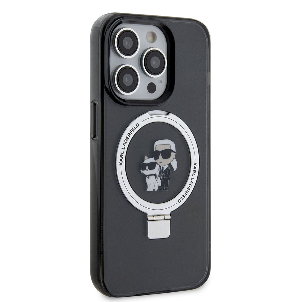 Ovitek MagSafe za Apple iPhone 15 Pro, Karl Lagerfeld, Ring Stand Karl & Choupette, črn