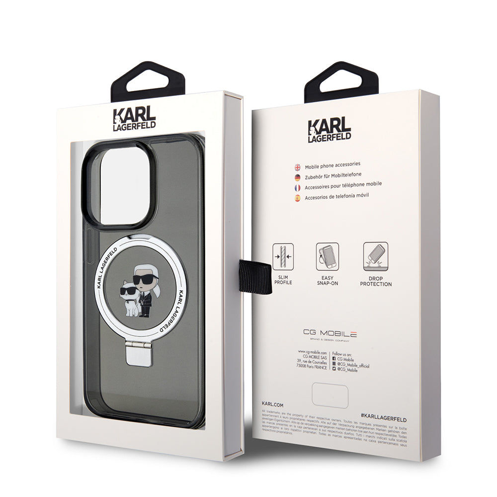 Ovitek MagSafe za Apple iPhone 15 Pro, Karl Lagerfeld, Ring Stand Karl & Choupette, črn
