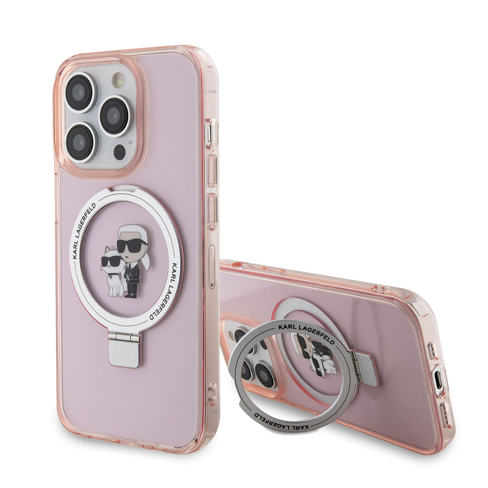 Ovitek MagSafe za Apple iPhone 15 Pro, Karl Lagerfeld, Ring Stand Karl & Choupette, Roza