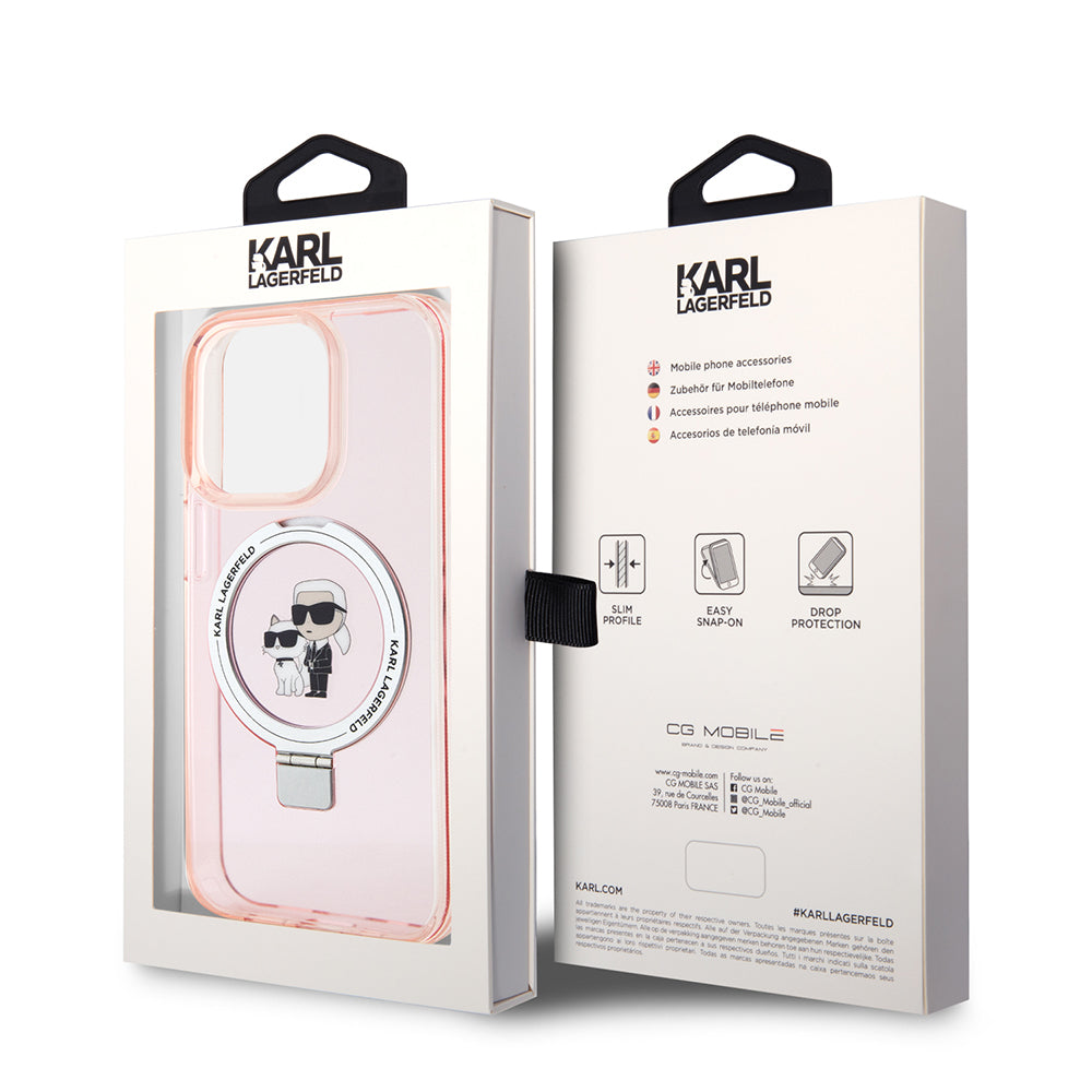 Ovitek MagSafe za Apple iPhone 15 Pro, Karl Lagerfeld, Ring Stand Karl & Choupette, Roza