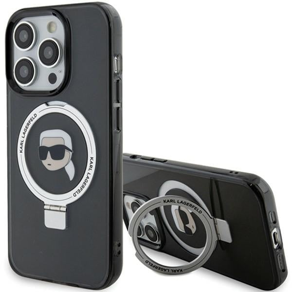 Ovitek MagSafe za Apple iPhone 15 Pro, Karl Lagerfeld, Ring Stand Karl's Head, črn
