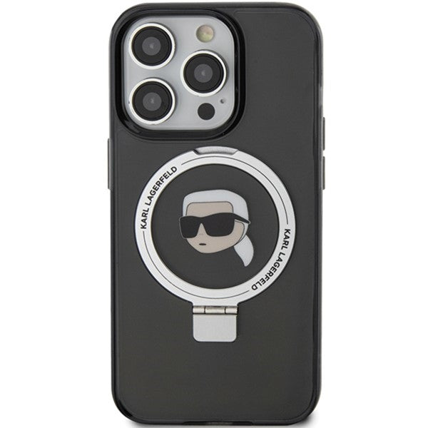 Ovitek MagSafe za Apple iPhone 15 Pro, Karl Lagerfeld, Ring Stand Karl's Head, črn