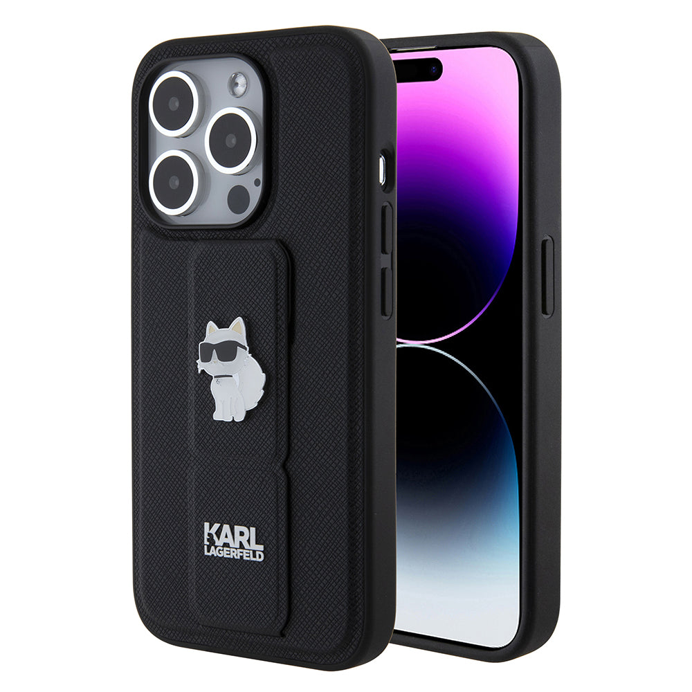 Ovitek MagSafe za Apple iPhone 15 Pro, Karl Lagerfeld, Saffiano Gripstand Choupette, črn.