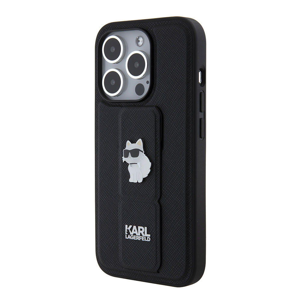 Ovitek MagSafe za Apple iPhone 15 Pro, Karl Lagerfeld, Saffiano Gripstand Choupette, črn.