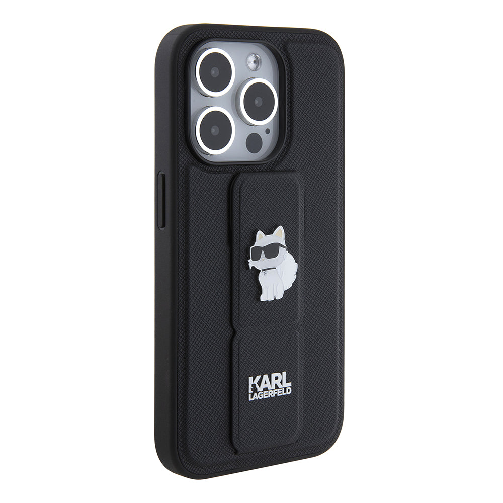 Ovitek MagSafe za Apple iPhone 15 Pro, Karl Lagerfeld, Saffiano Gripstand Choupette, črn.