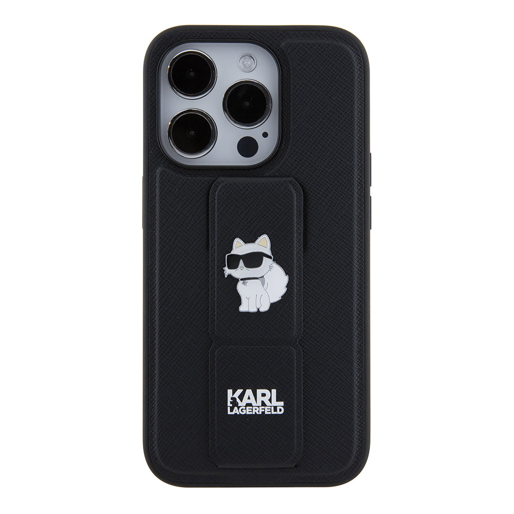 Ovitek MagSafe za Apple iPhone 15 Pro, Karl Lagerfeld, Saffiano Gripstand Choupette, črn.