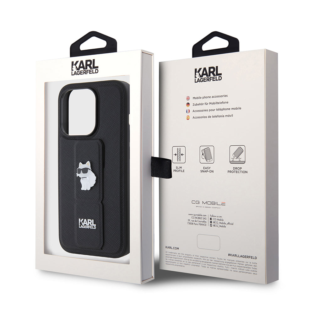Ovitek MagSafe za Apple iPhone 15 Pro, Karl Lagerfeld, Saffiano Gripstand Choupette, črn.