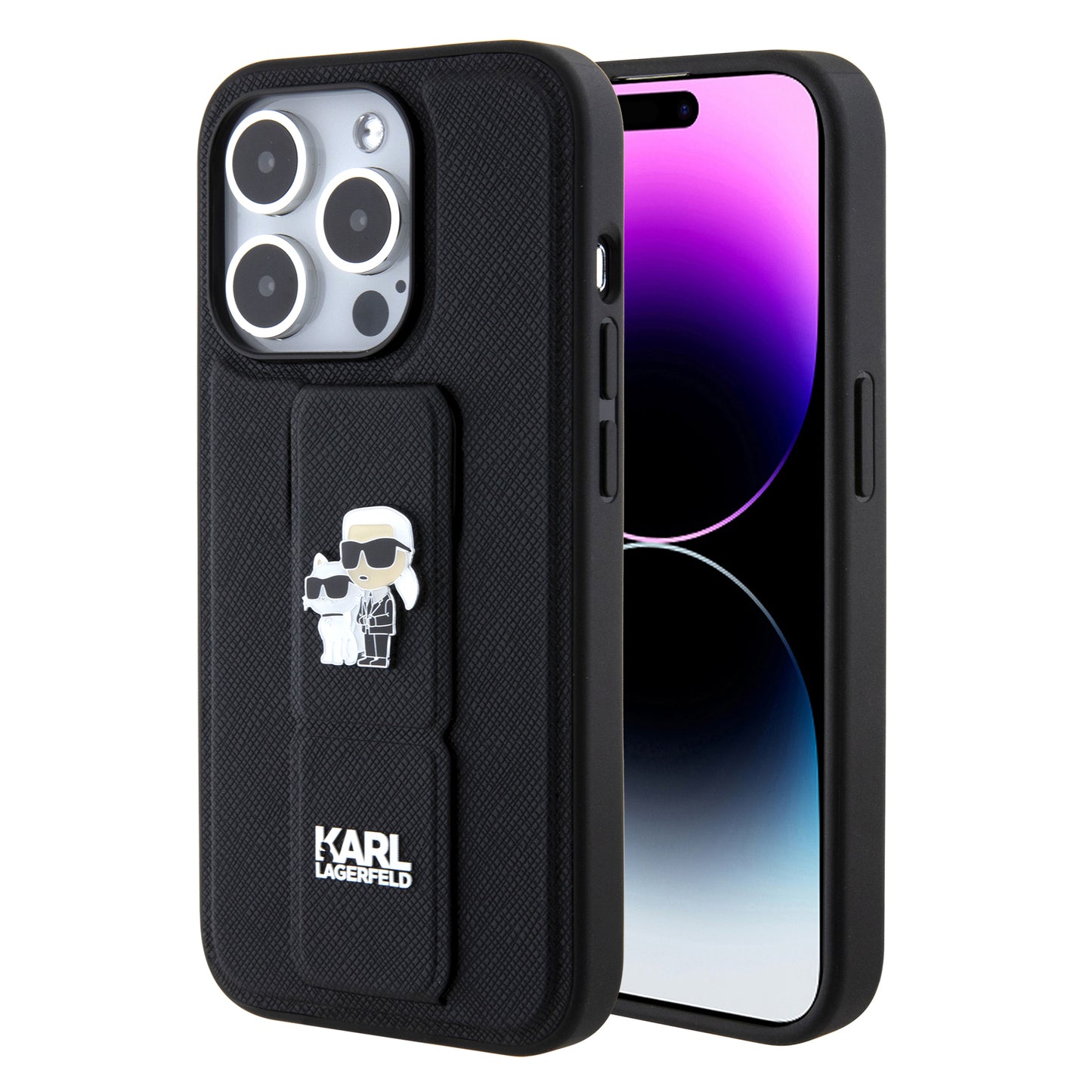 Ovitek MagSafe za Apple iPhone 15 Pro, Karl Lagerfeld, Saffiano Gripstand Karl & Choupette, črn