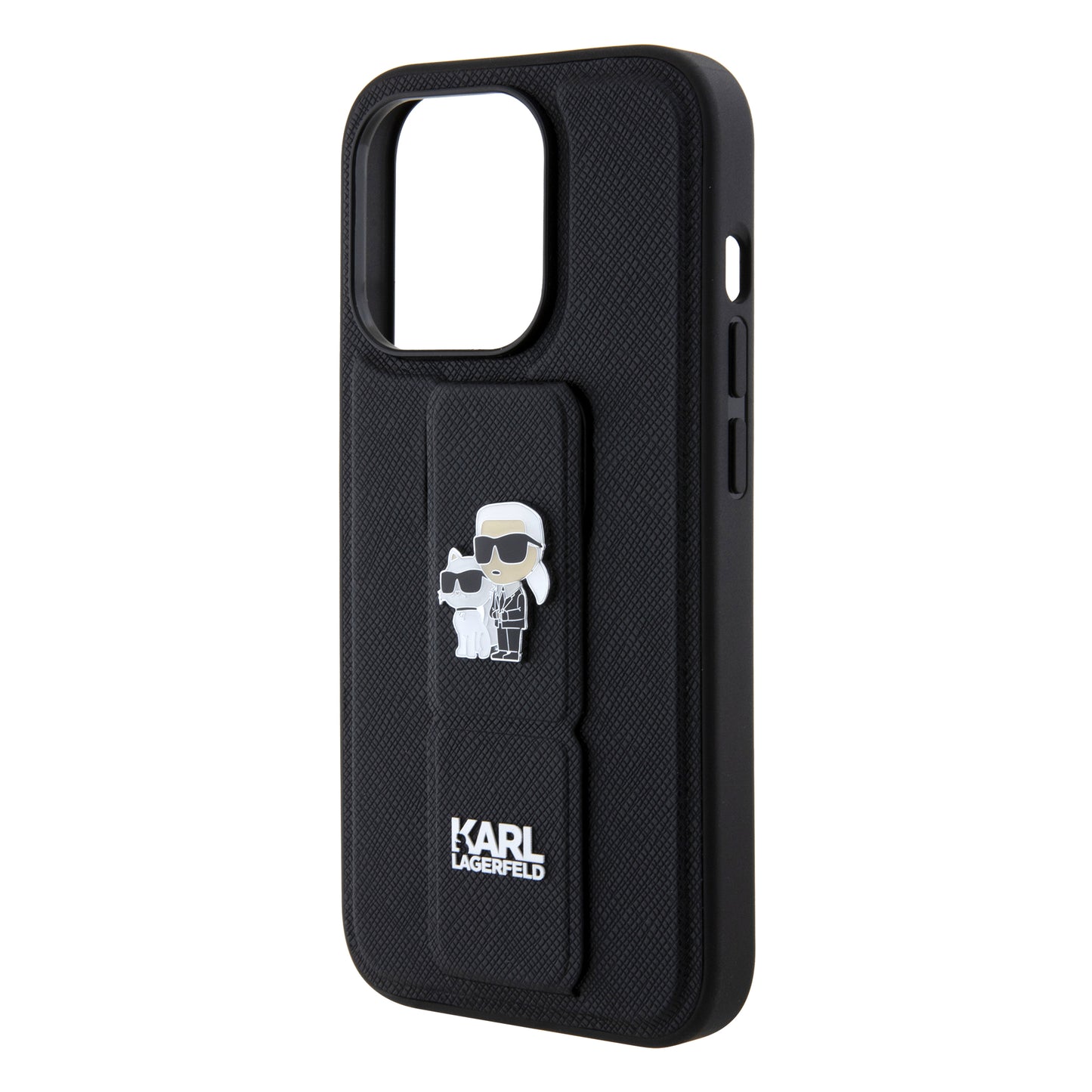 Ovitek MagSafe za Apple iPhone 15 Pro, Karl Lagerfeld, Saffiano Gripstand Karl & Choupette, črn