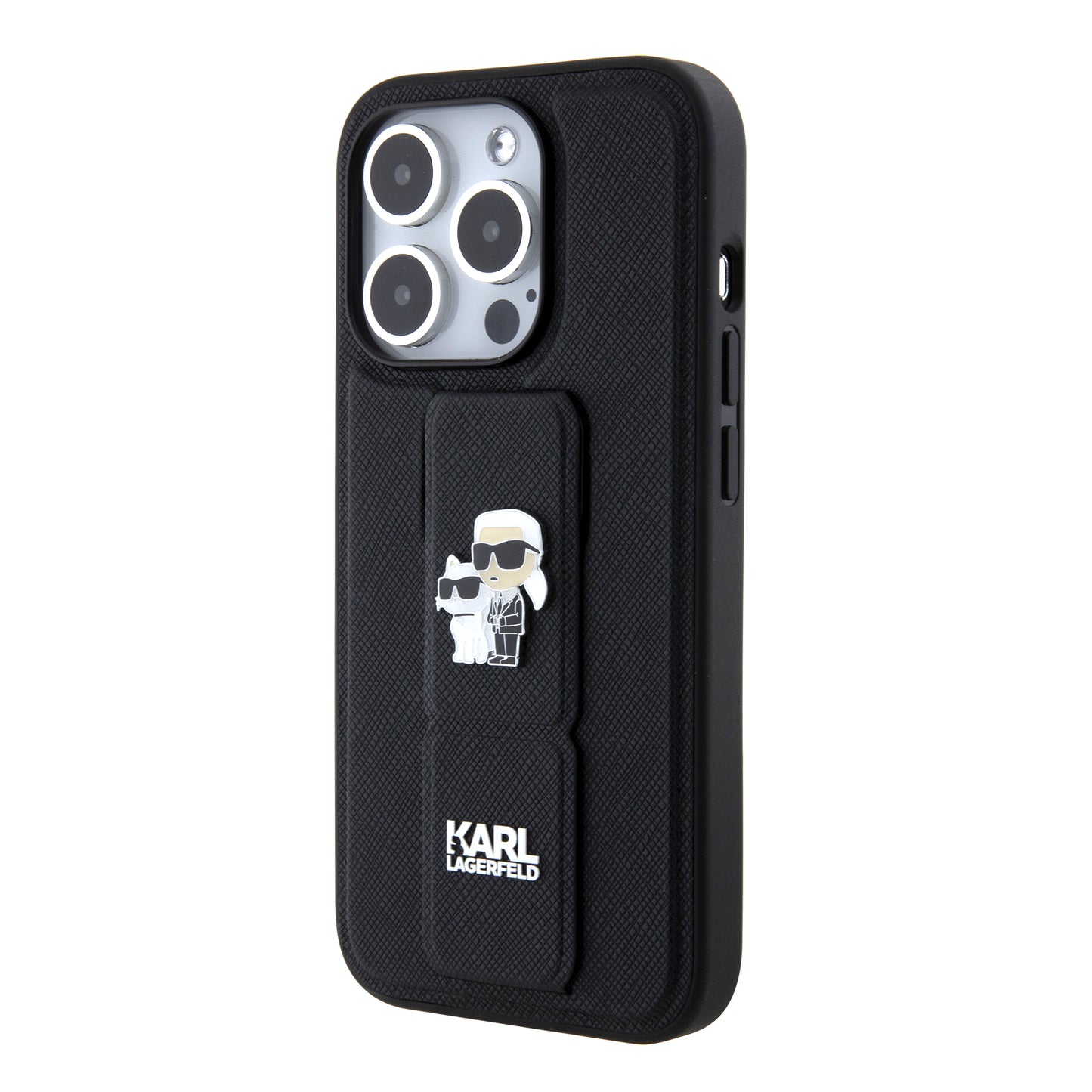Ovitek MagSafe za Apple iPhone 15 Pro, Karl Lagerfeld, Saffiano Gripstand Karl & Choupette, črn