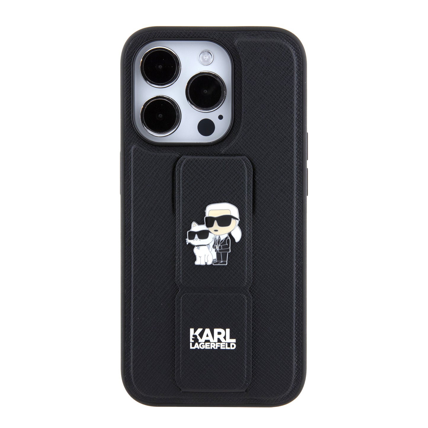 Ovitek MagSafe za Apple iPhone 15 Pro, Karl Lagerfeld, Saffiano Gripstand Karl & Choupette, črn