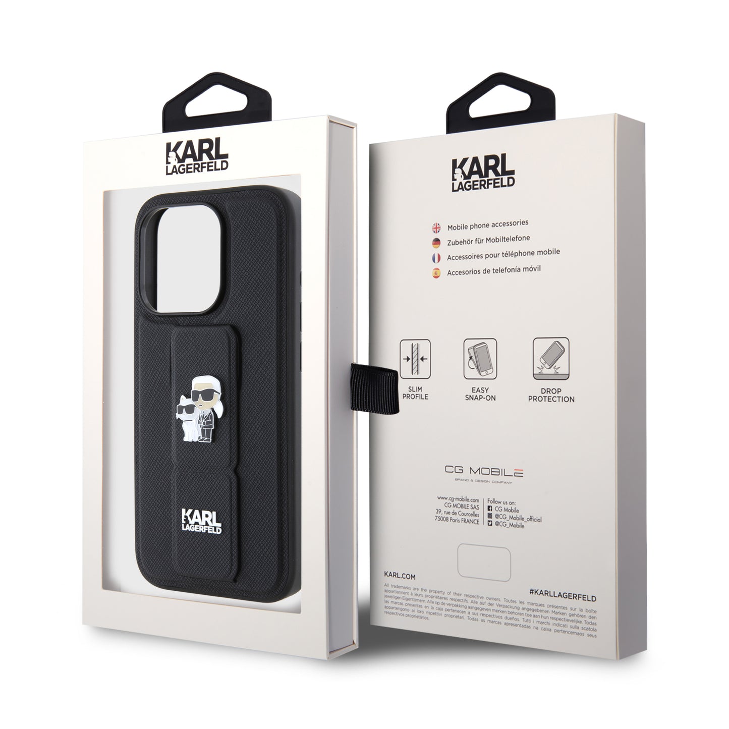 Ovitek MagSafe za Apple iPhone 15 Pro, Karl Lagerfeld, Saffiano Gripstand Karl & Choupette, črn