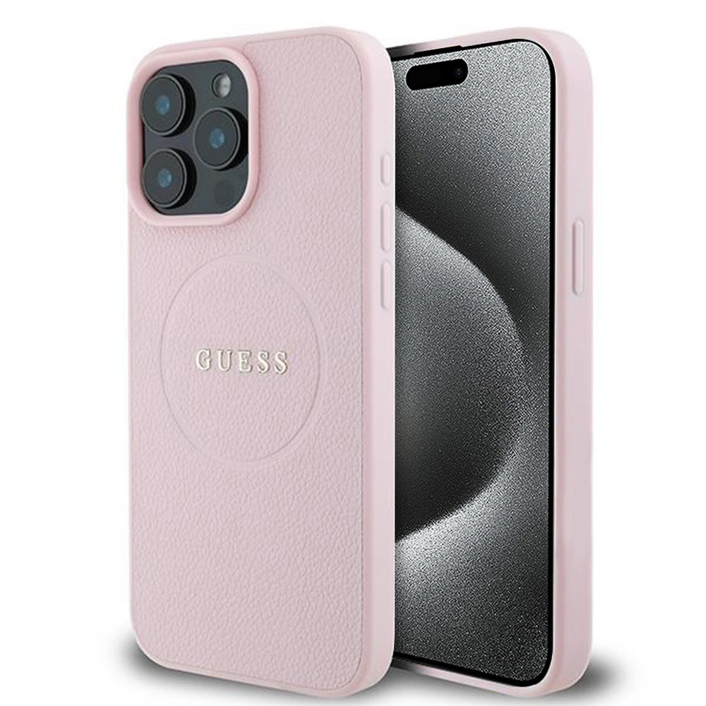 MagSafe Case for Apple iPhone 15 Pro Max, Guess, Grained Gold Ring, Pink