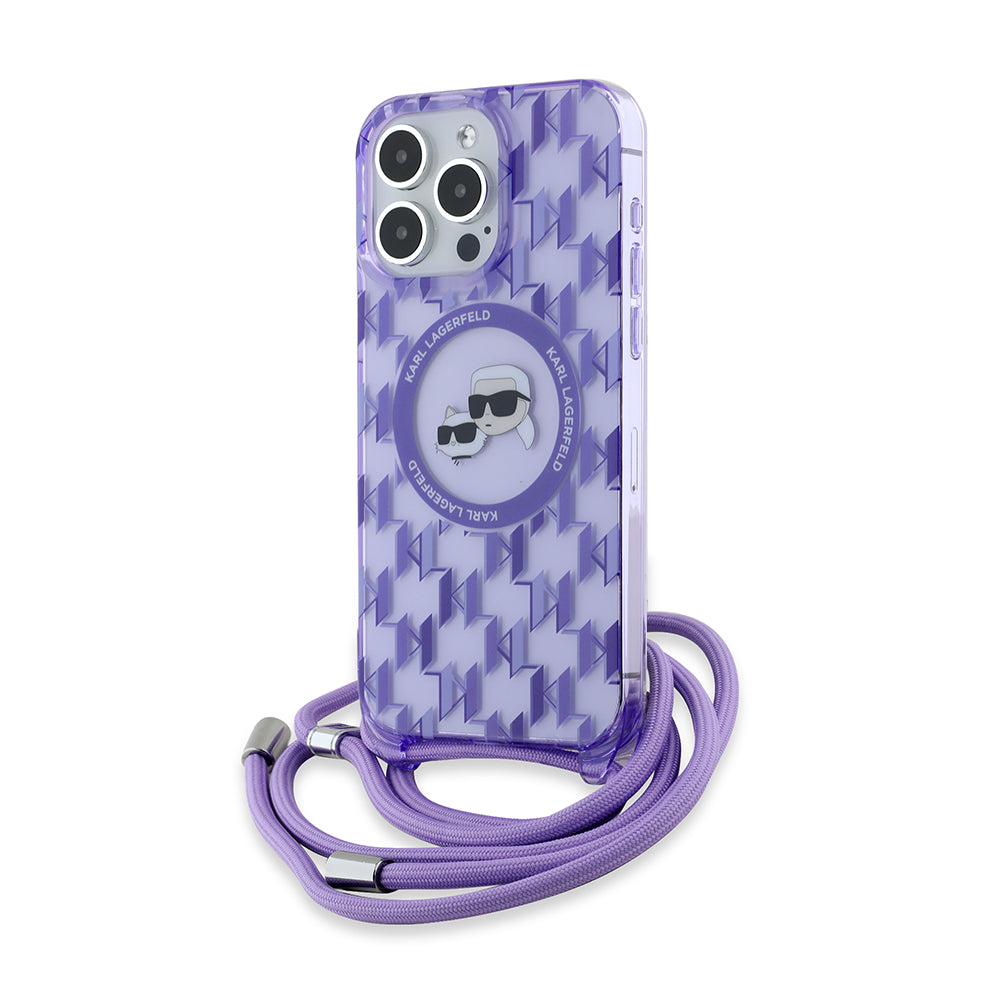Ovitek MagSafe za Apple iPhone 15 Pro Max, Karl Lagerfeld, IML Crossbody Monogram Karl & Choupette's Heads, Vijolična