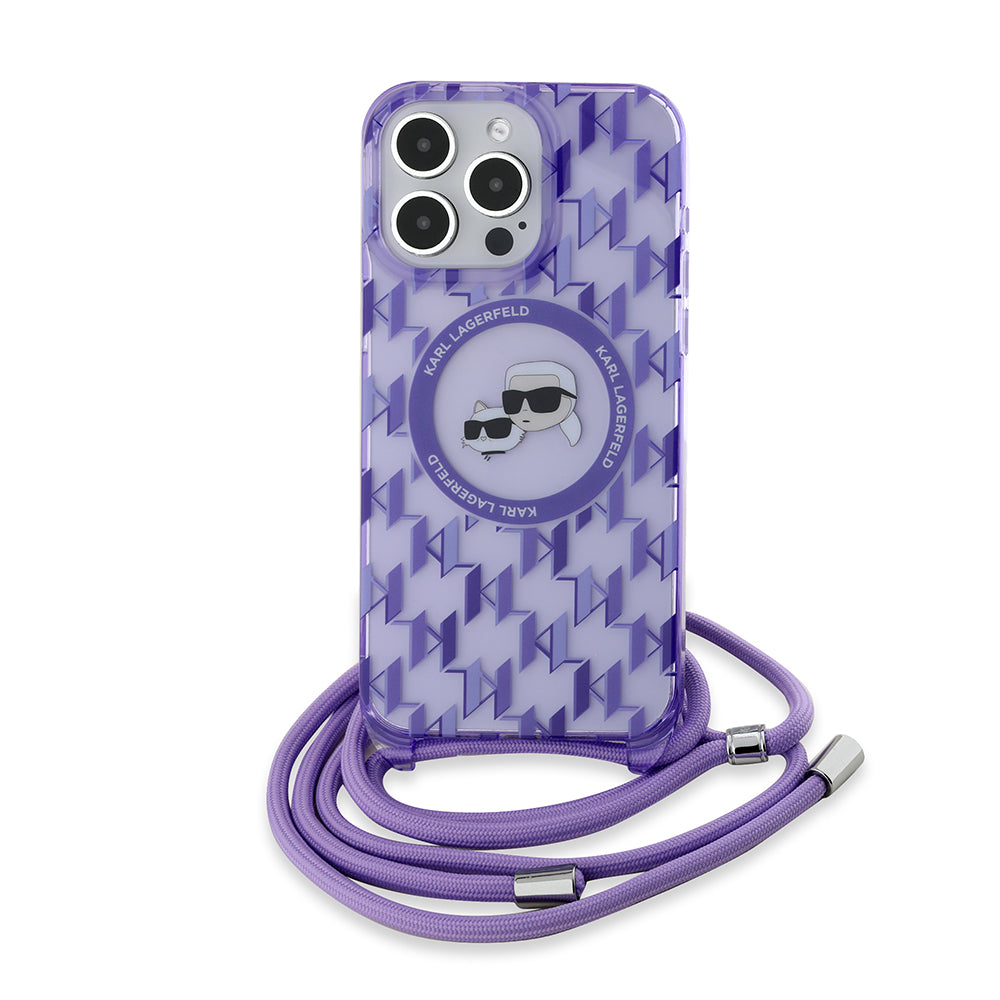 Ovitek MagSafe za Apple iPhone 15 Pro Max, Karl Lagerfeld, IML Crossbody Monogram Karl & Choupette's Heads, Vijolična