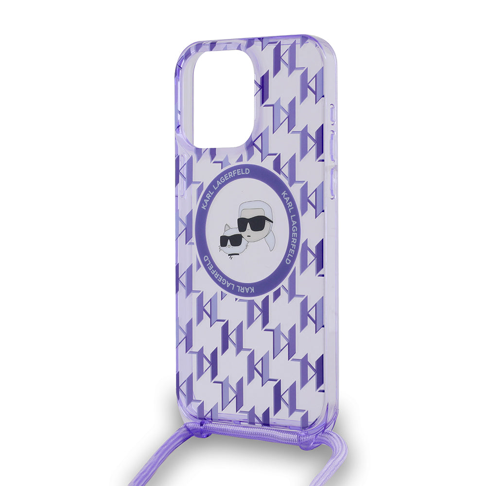 Ovitek MagSafe za Apple iPhone 15 Pro Max, Karl Lagerfeld, IML Crossbody Monogram Karl & Choupette's Heads, Vijolična