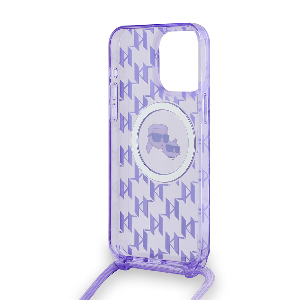 Ovitek MagSafe za Apple iPhone 15 Pro Max, Karl Lagerfeld, IML Crossbody Monogram Karl & Choupette's Heads, Vijolična