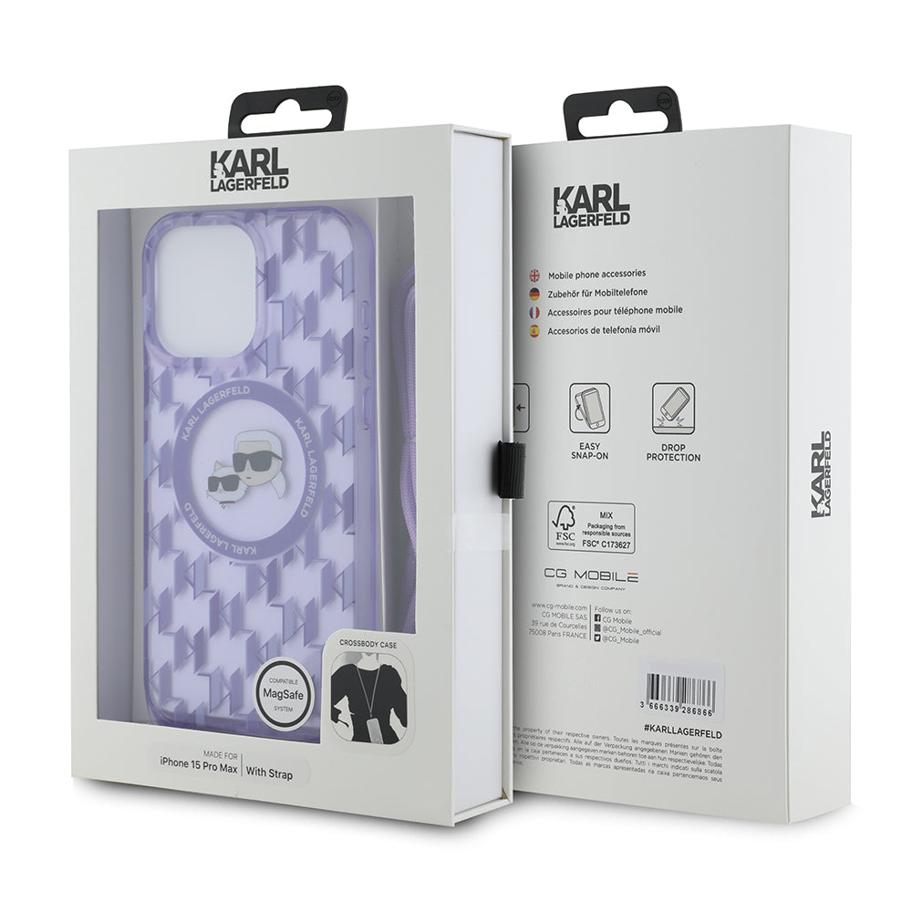 Ovitek MagSafe za Apple iPhone 15 Pro Max, Karl Lagerfeld, IML Crossbody Monogram Karl & Choupette's Heads, Vijolična