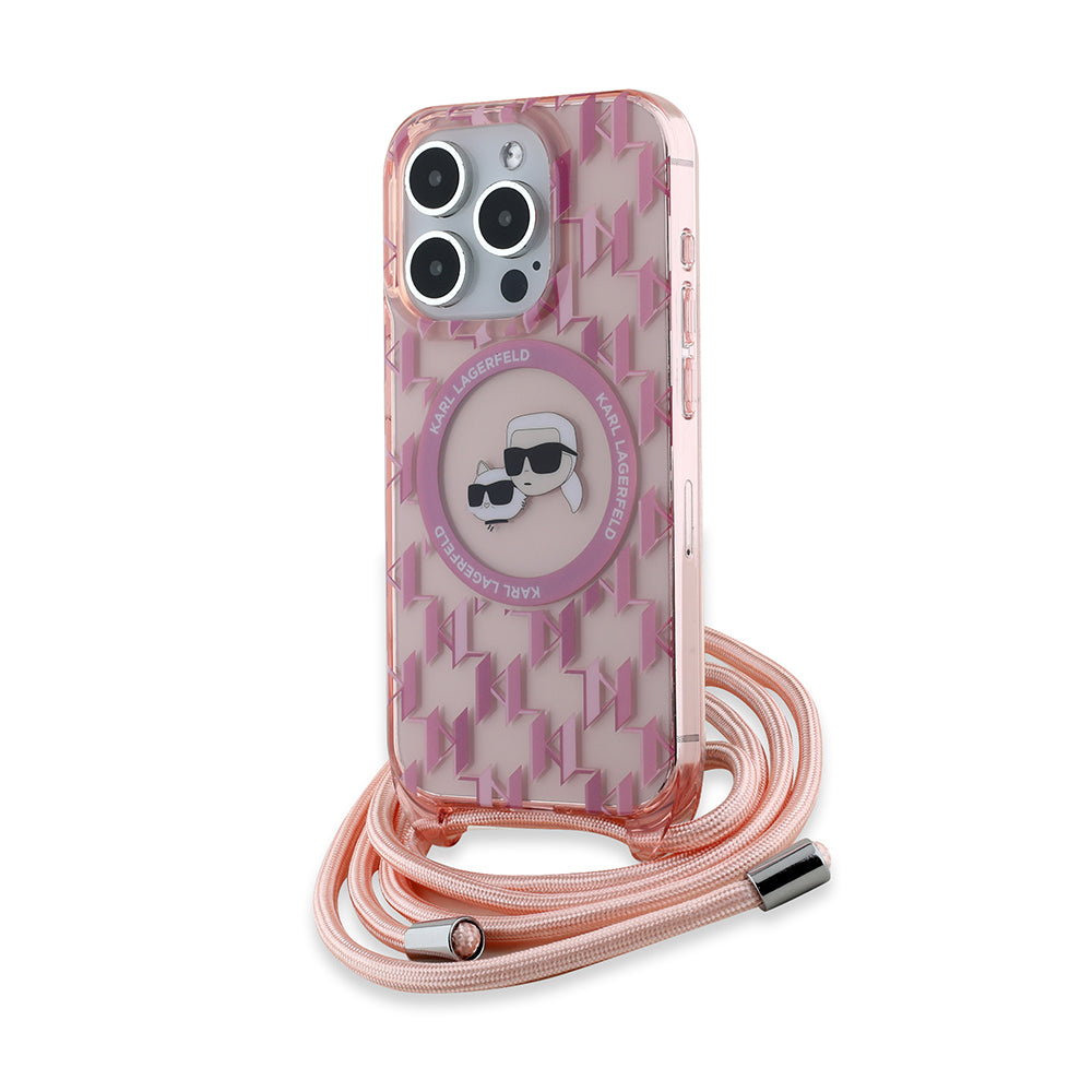Ovitek MagSafe za Apple iPhone 15 Pro Max, Karl Lagerfeld, IML Crossbody Monogram Karl & Choupette's Heads, Roza