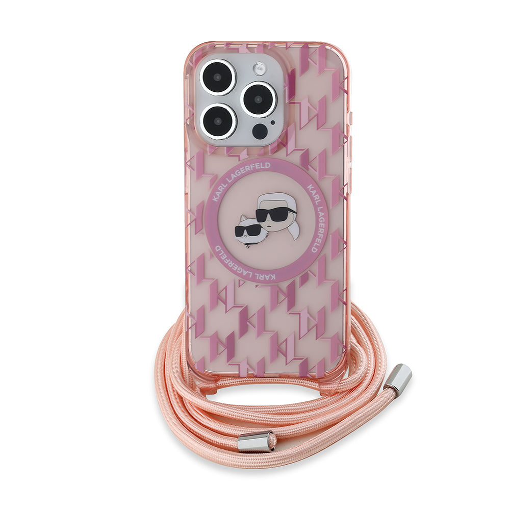 Ovitek MagSafe za Apple iPhone 15 Pro Max, Karl Lagerfeld, IML Crossbody Monogram Karl & Choupette's Heads, Roza