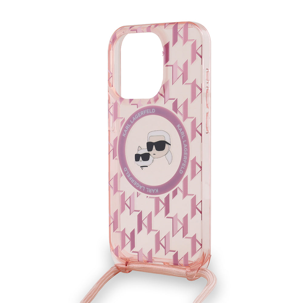 Ovitek MagSafe za Apple iPhone 15 Pro Max, Karl Lagerfeld, IML Crossbody Monogram Karl & Choupette's Heads, Roza