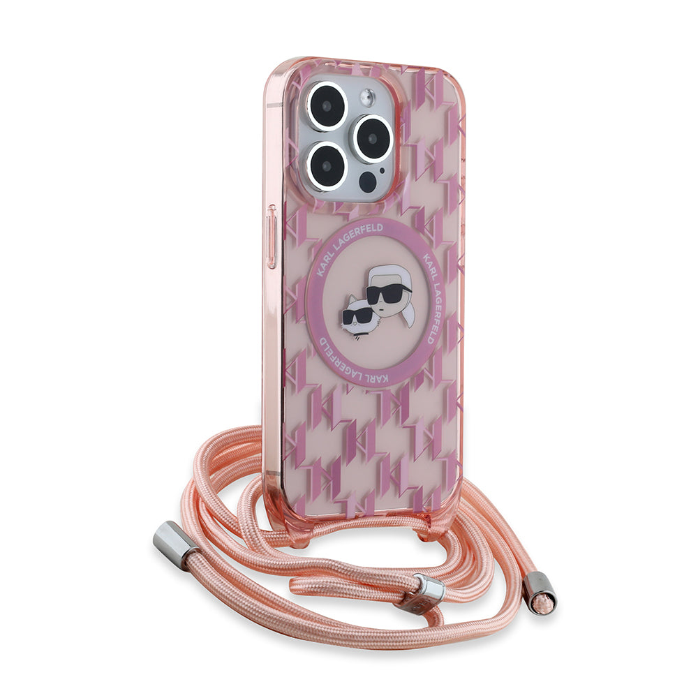 Ovitek MagSafe za Apple iPhone 15 Pro Max, Karl Lagerfeld, IML Crossbody Monogram Karl & Choupette's Heads, Roza