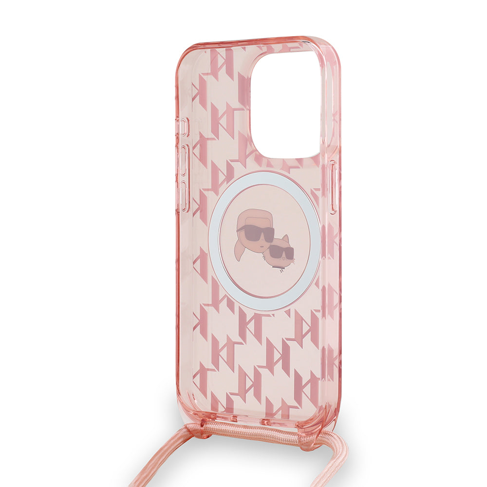 Ovitek MagSafe za Apple iPhone 15 Pro Max, Karl Lagerfeld, IML Crossbody Monogram Karl & Choupette's Heads, Roza