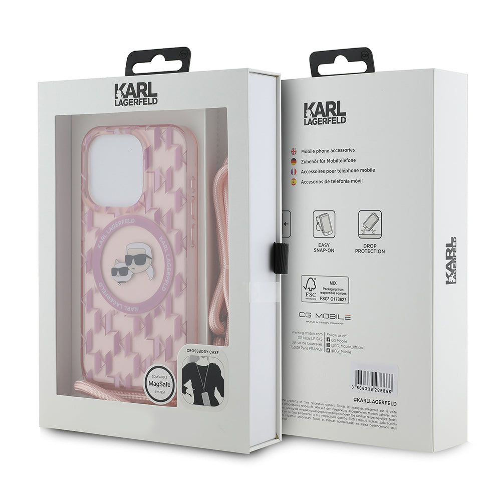 Ovitek MagSafe za Apple iPhone 15 Pro Max, Karl Lagerfeld, IML Crossbody Monogram Karl & Choupette's Heads, Roza