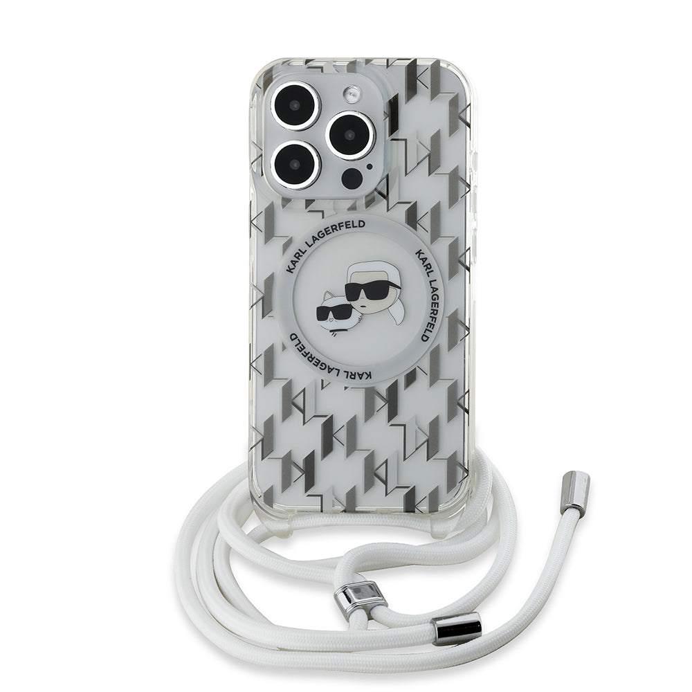 Ovitek MagSafe za Apple iPhone 15 Pro Max, Karl Lagerfeld, IML Crossbody Monogram Karl & Choupette's Heads, Prozoren