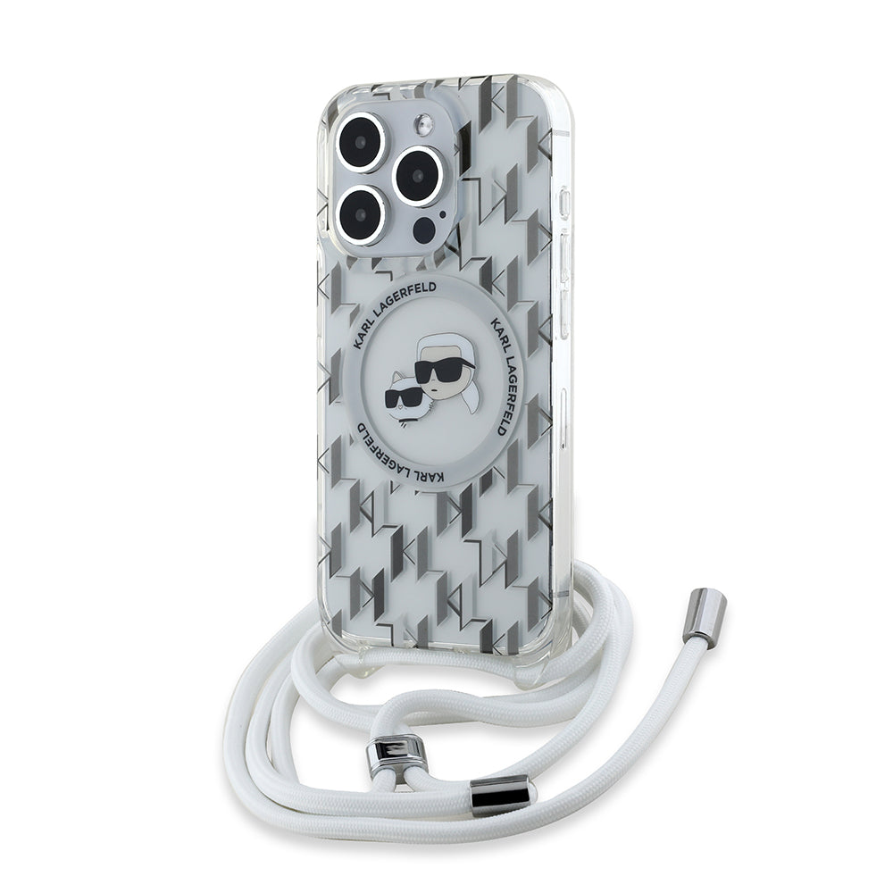 Ovitek MagSafe za Apple iPhone 15 Pro Max, Karl Lagerfeld, IML Crossbody Monogram Karl & Choupette's Heads, Prozoren